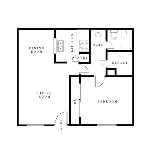 Floor plan for 1 bed, 1 bath, 680 sqft